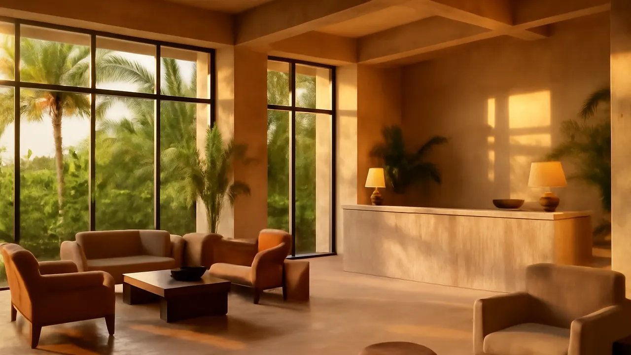Interior de un hotel de lujo en Punta Cana con acabados en travertino crema y vegetación autóctona visible