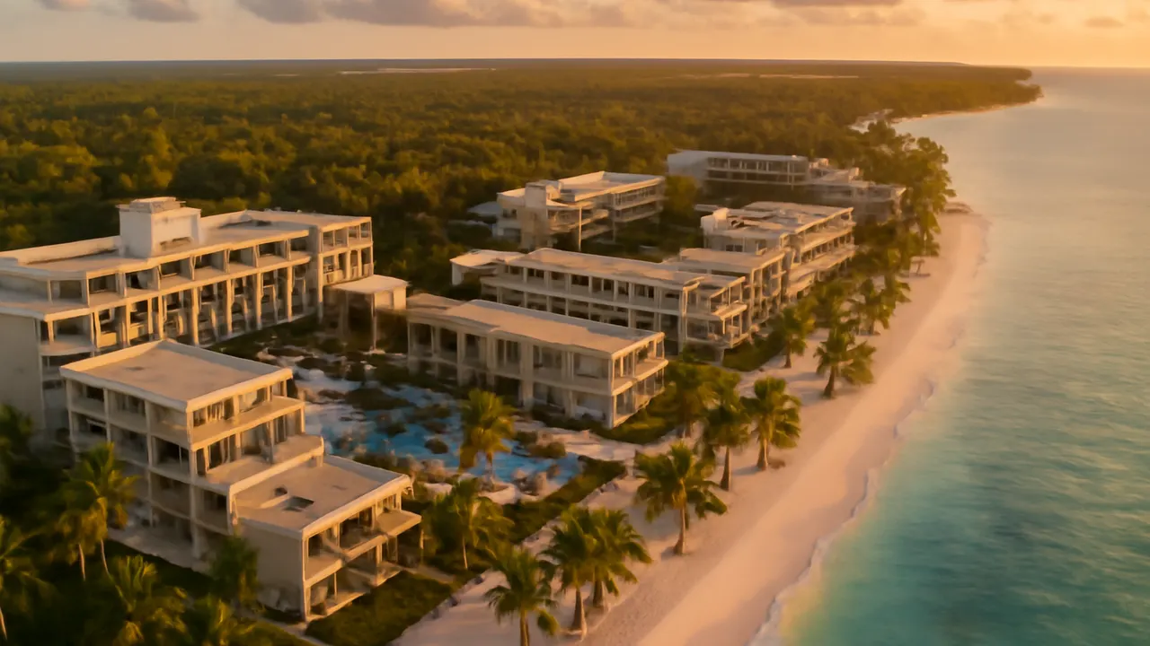 Vista aérea de la infraestructura hotelera y conectividad aérea en Punta Cana con elementos arquitectónicos caribeños