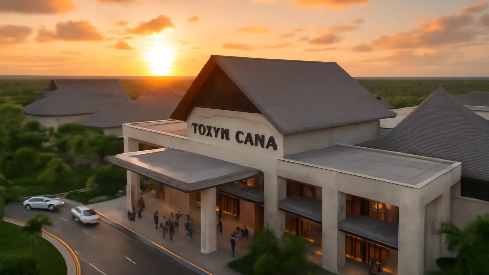 Vista aérea del aeropuerto de Punta Cana al atardecer con vegetación autóctona y arquitectura caribeña de lujo