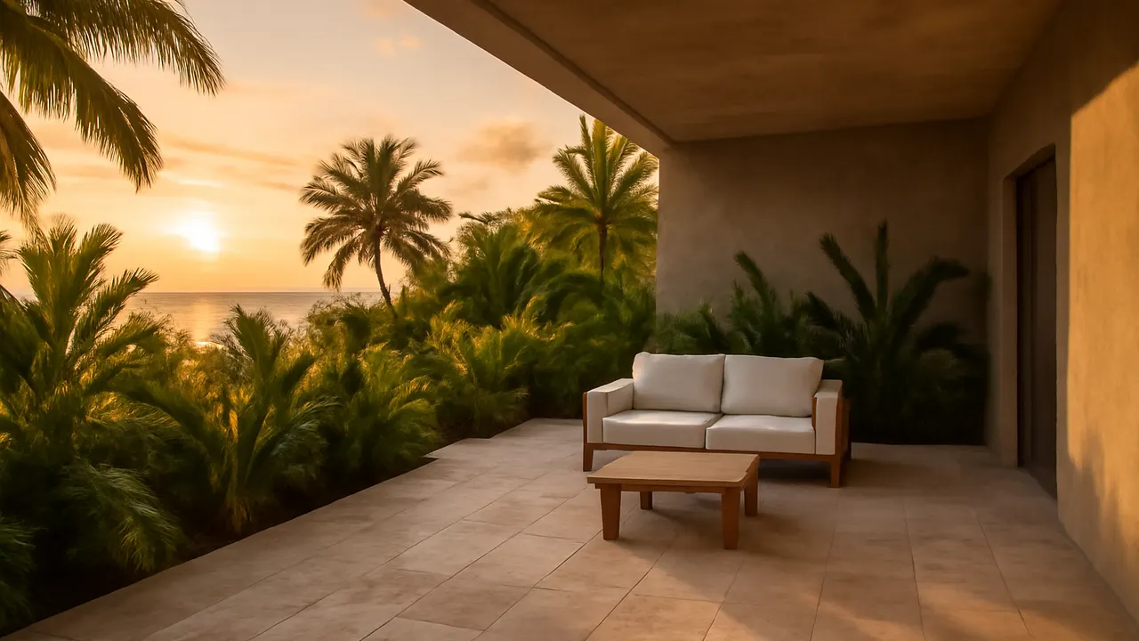 Vacation rental terrace in Punta Cana with cream travertine, exposed concrete, and native vegetation under sunset light, representing the current vacation rental landscape