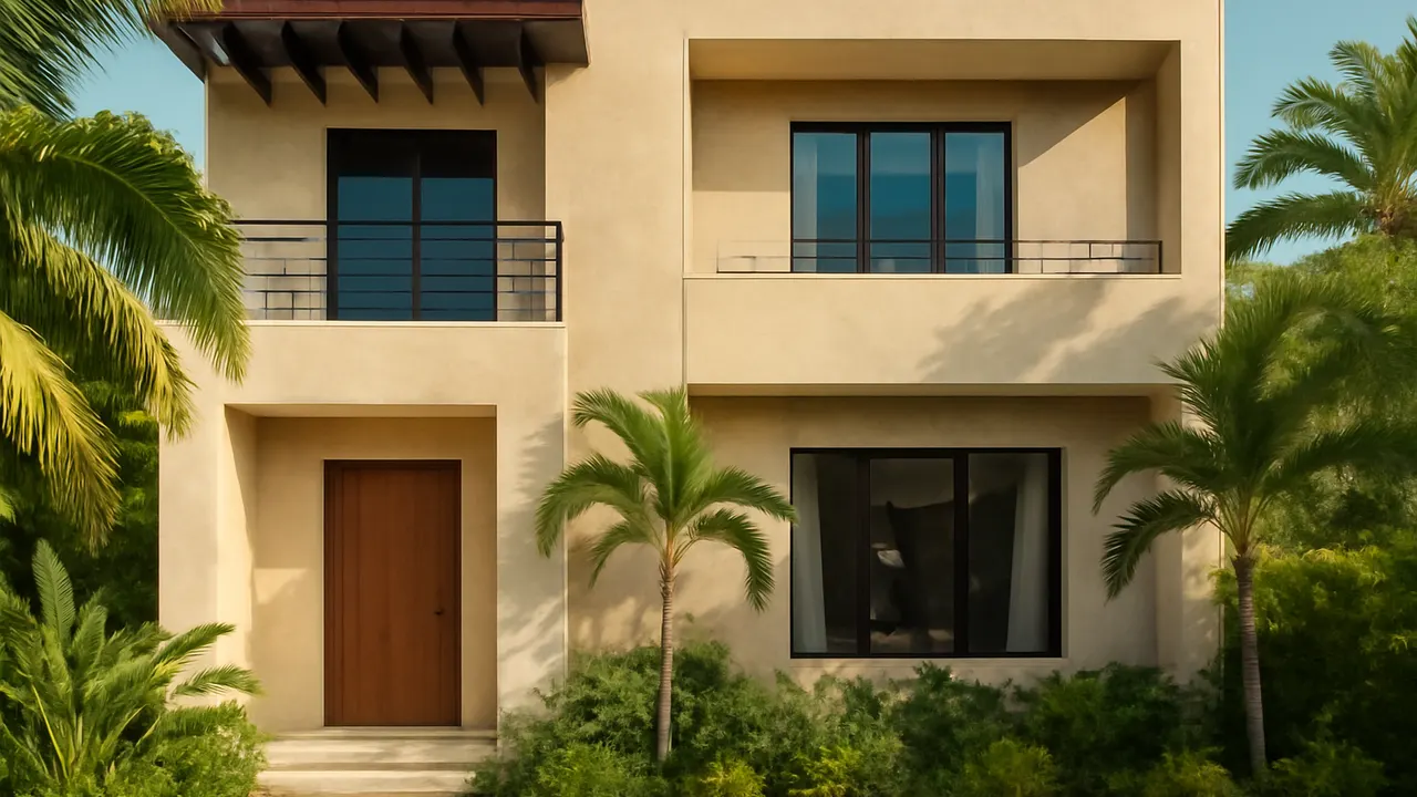 Modern Caribbean villa facade in Punta Cana with cream travertine and exposed concrete, surrounded by native vegetation, illustrating efficient vacation rental management in the Dominican Republic