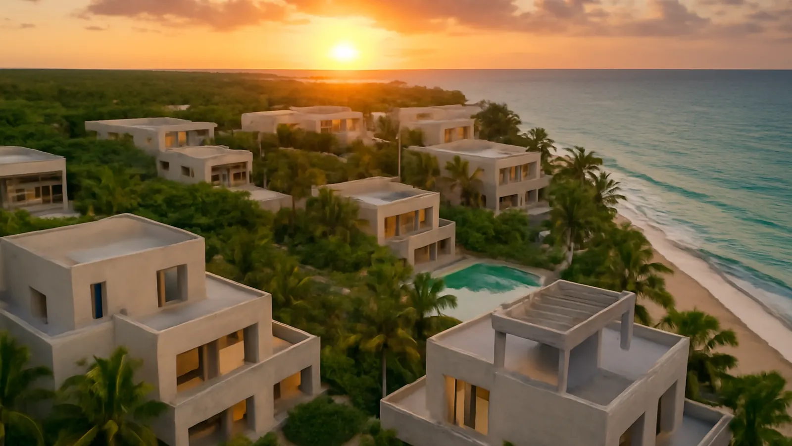Vista aérea de un resort de lujo caribeño en Punta Cana al atardecer con arquitectura en travertino crema y hormigón visto, vegetación autóctona y luz cálida, ilustrando alquiler vacacional en Punta Cana