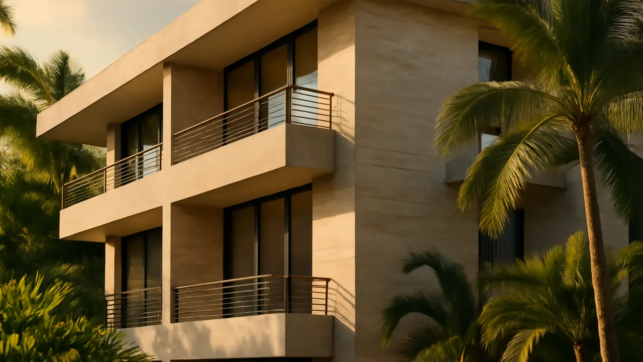 Architectural detail of luxury building facade in Punta Cana with cream travertine and exposed concrete, native vegetation, and sunset light