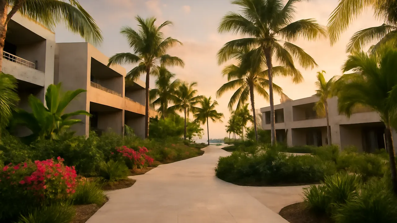 Zona costera de lujo en Punta Cana con vegetación autóctona y arquitectura en travertino crema y hormigón visto, iluminada con luz cálida de atardecer