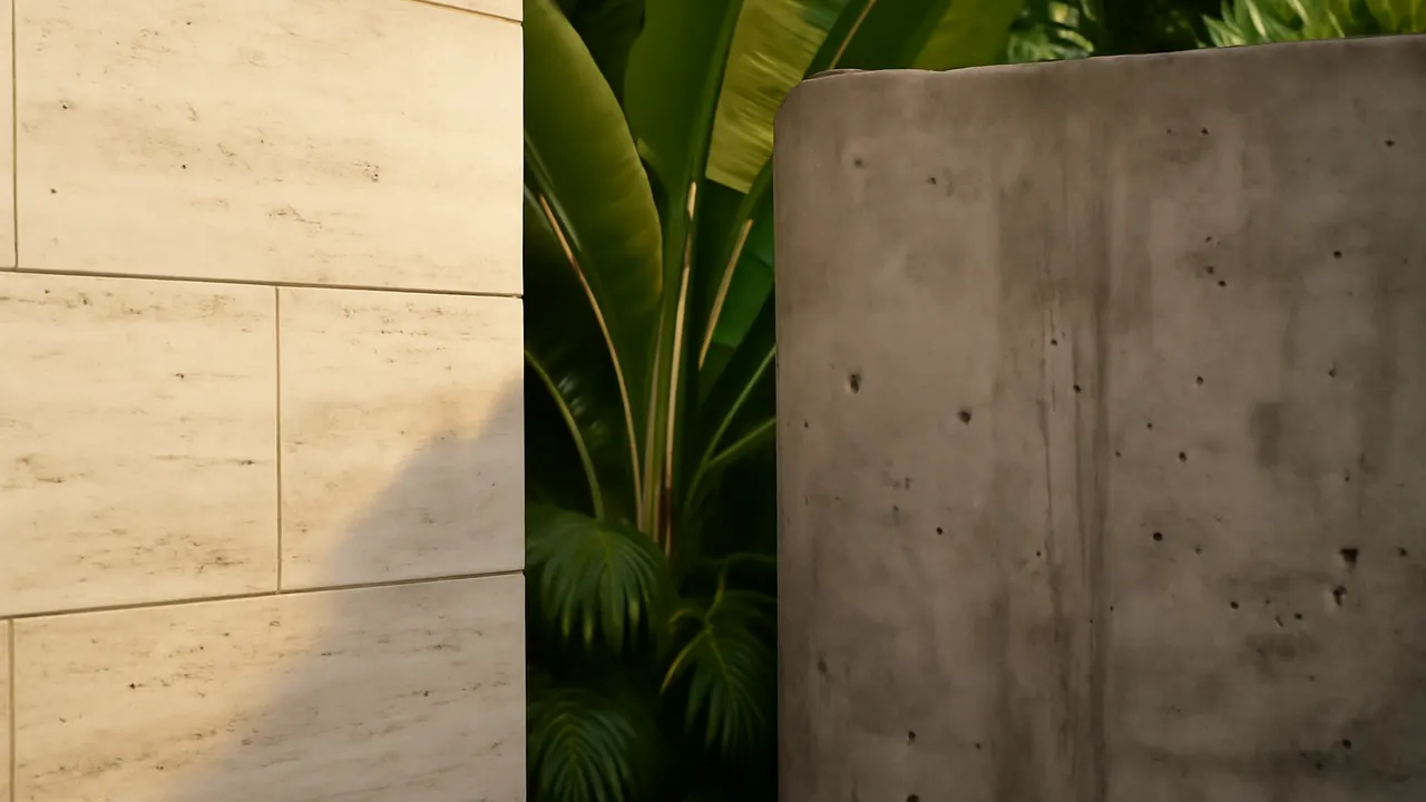 Detalle arquitectónico en travertino crema y hormigón visto con vegetación tropical autóctona, luz natural cálida, representando el marco legal inmobiliario en República Dominicana