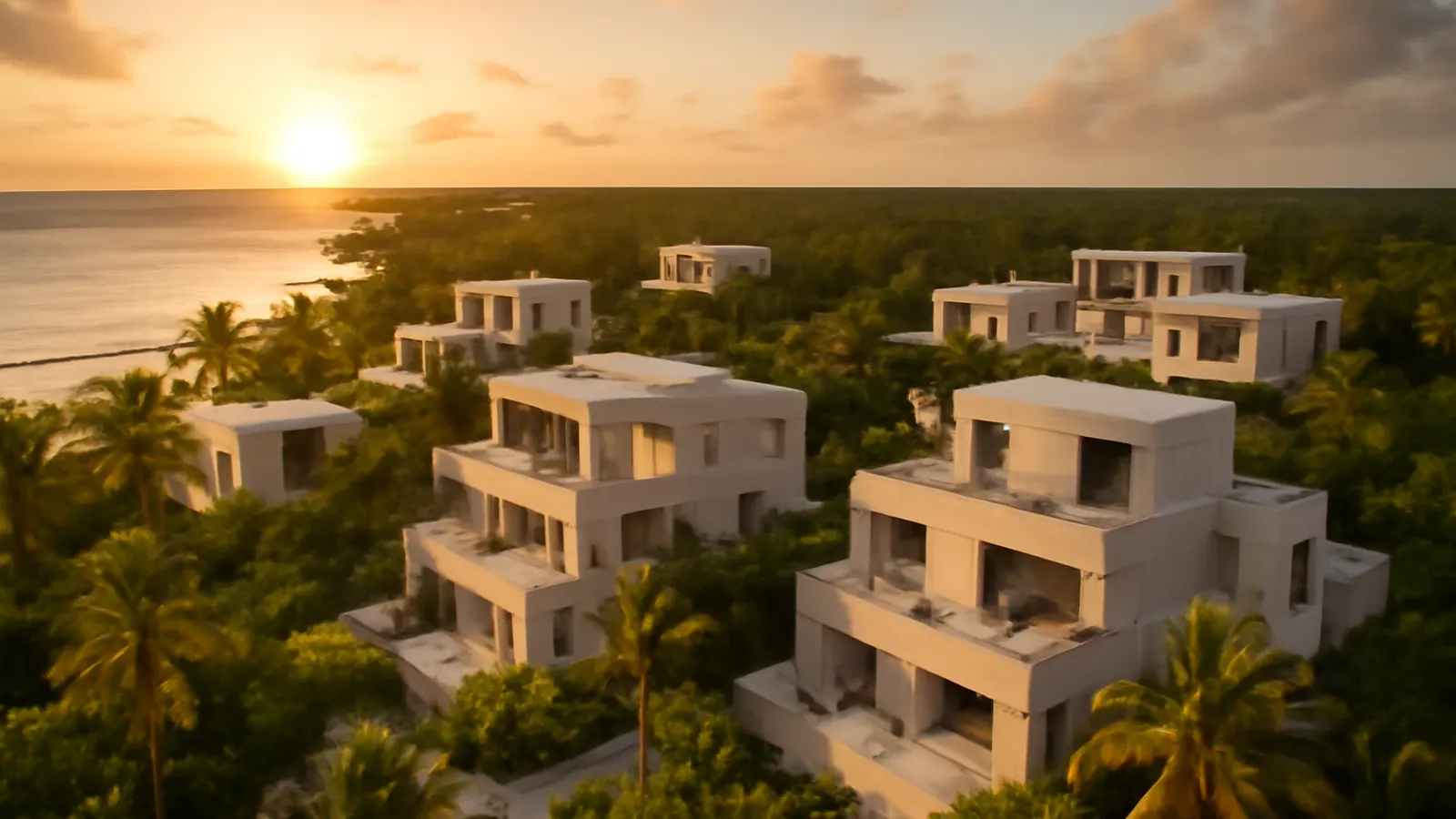 Vista aérea de una urbanización inmobiliaria de lujo en el Caribe con arquitectura en travertino crema y hormigón visto, vegetación autóctona y luz cálida de atardecer en Punta Cana