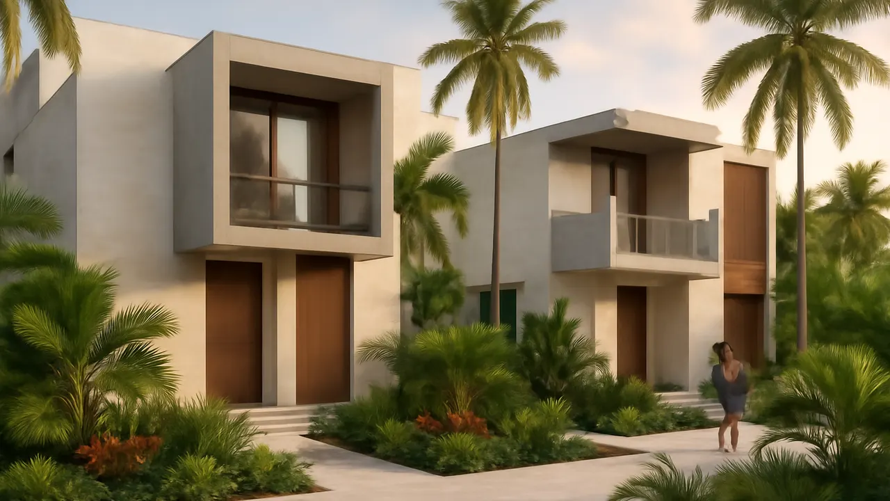 Modern luxury residences in Cap Cana with cream travertine and exposed concrete facades, surrounded by native vegetation and sunset light, highlighting architectural details and human scale
