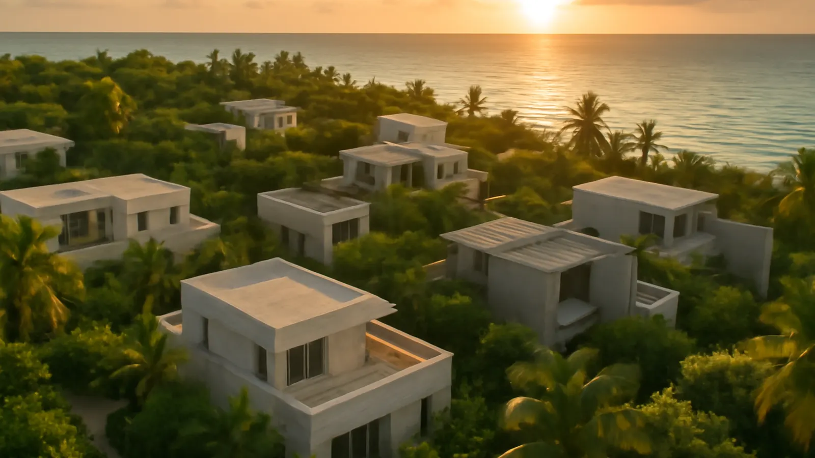 Vista aérea de una zona residencial caribeña de lujo en Cap Cana al atardecer, con arquitectura en travertino crema y hormigón visto rodeada de vegetación autóctona, resaltando la escala humana y luz natural cálida