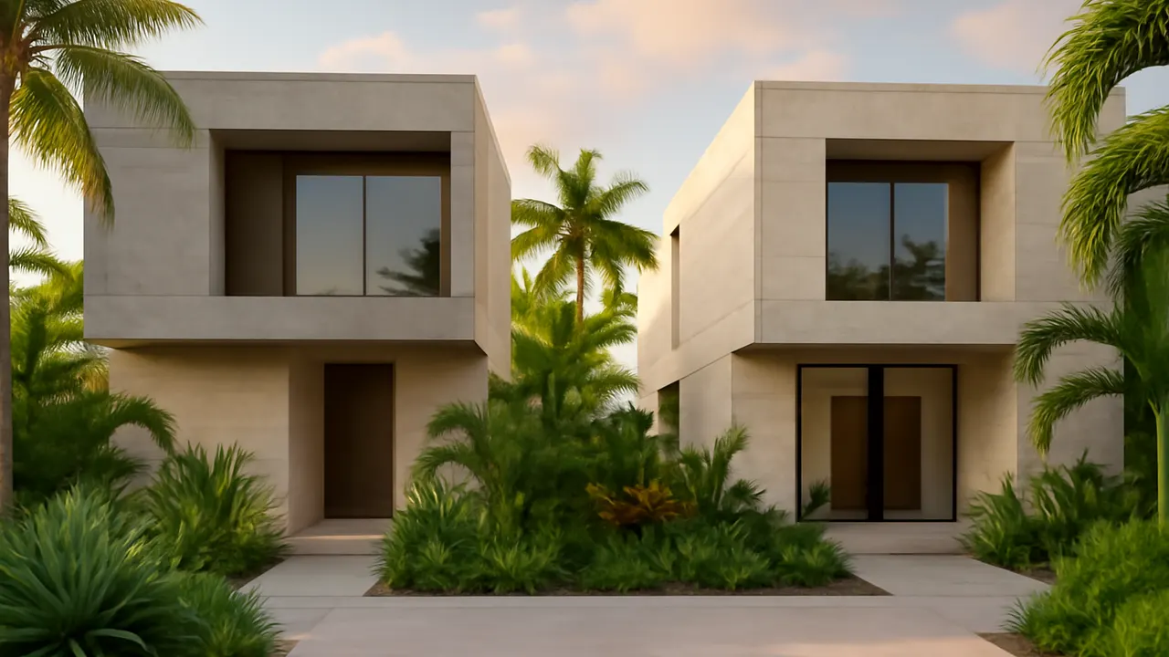 Fotografía arquitectónica de viviendas de lujo en el Caribe con fachadas en hormigón visto y travertino crema, rodeadas de vegetación autóctona al atardecer