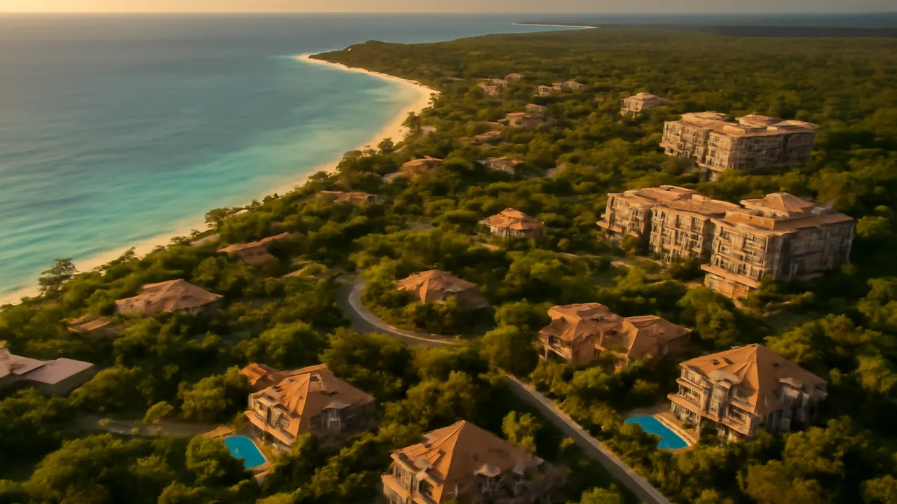 Vista aérea realista de zona residencial de lujo en la costa caribeña con paisajismo natural y luz cálida de tarde, integrando arquitectura y entorno