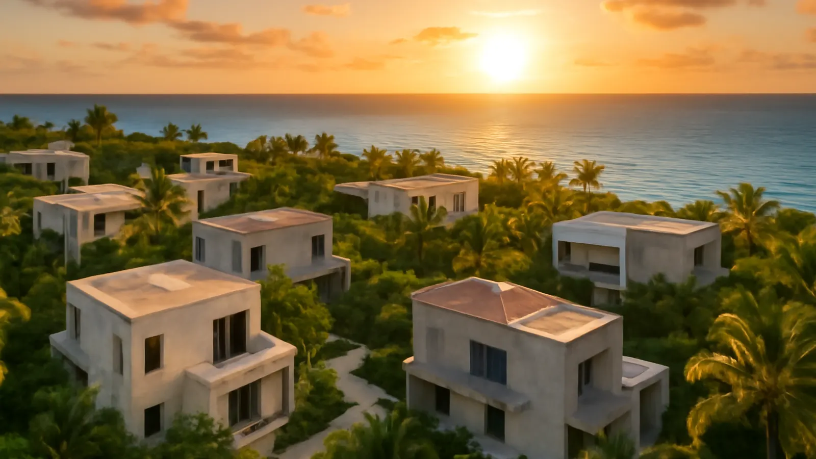 Vista aérea de zona residencial de lujo en el Caribe con arquitectura en travertino crema y hormigón visto, vegetación autóctona y luz cálida de atardecer en Punta Cana