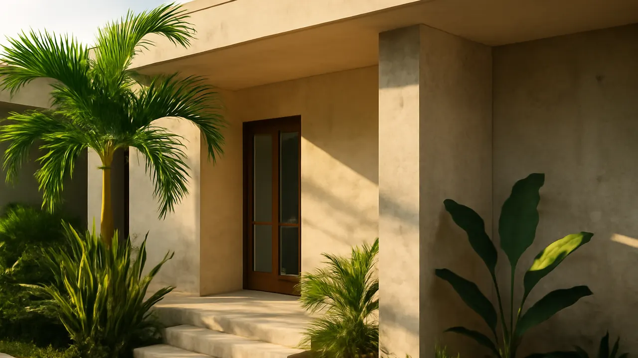 Detalle arquitectónico en travertino crema y hormigón visto con vegetación tropical autóctona en Punta Cana, imagen representativa de la compra inmobiliaria para extranjeros