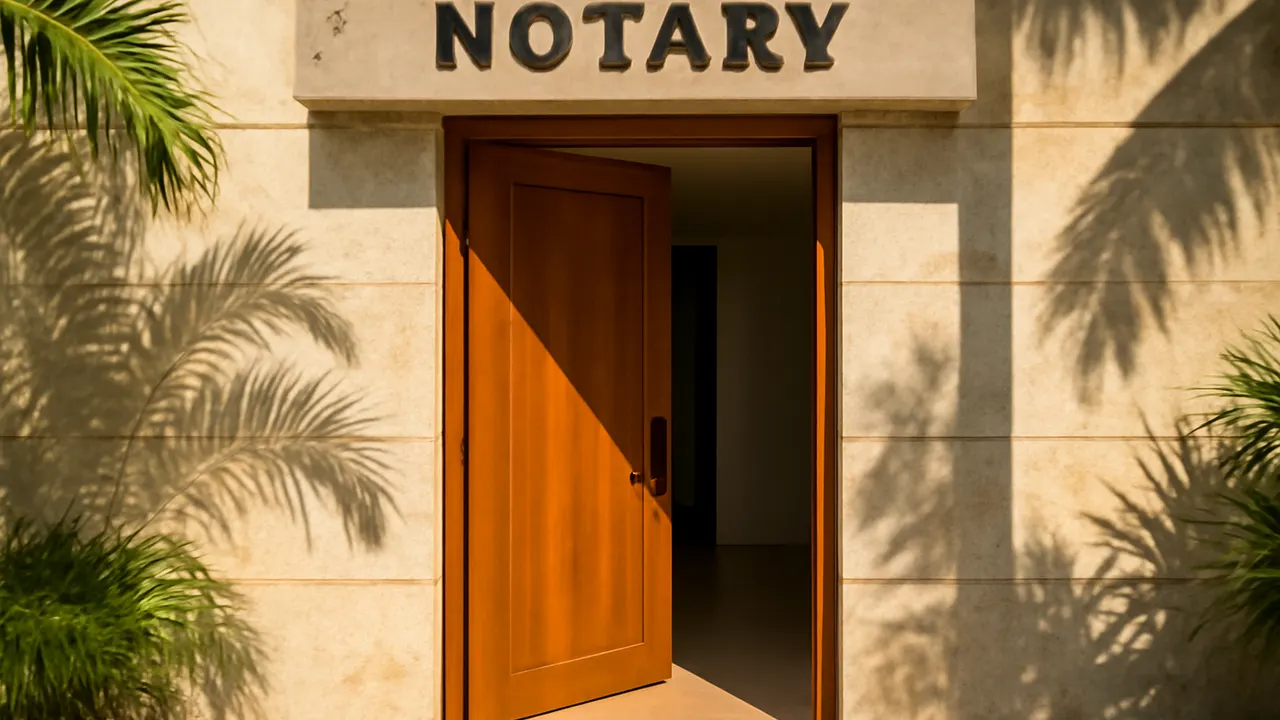 Entrada de notaría moderna con estilo caribeño en Punta Cana, con paredes de travertino crema y hormigón visto, luz natural cálida y vegetación, ilustrando el rol de la notaría en la compra inmobiliaria