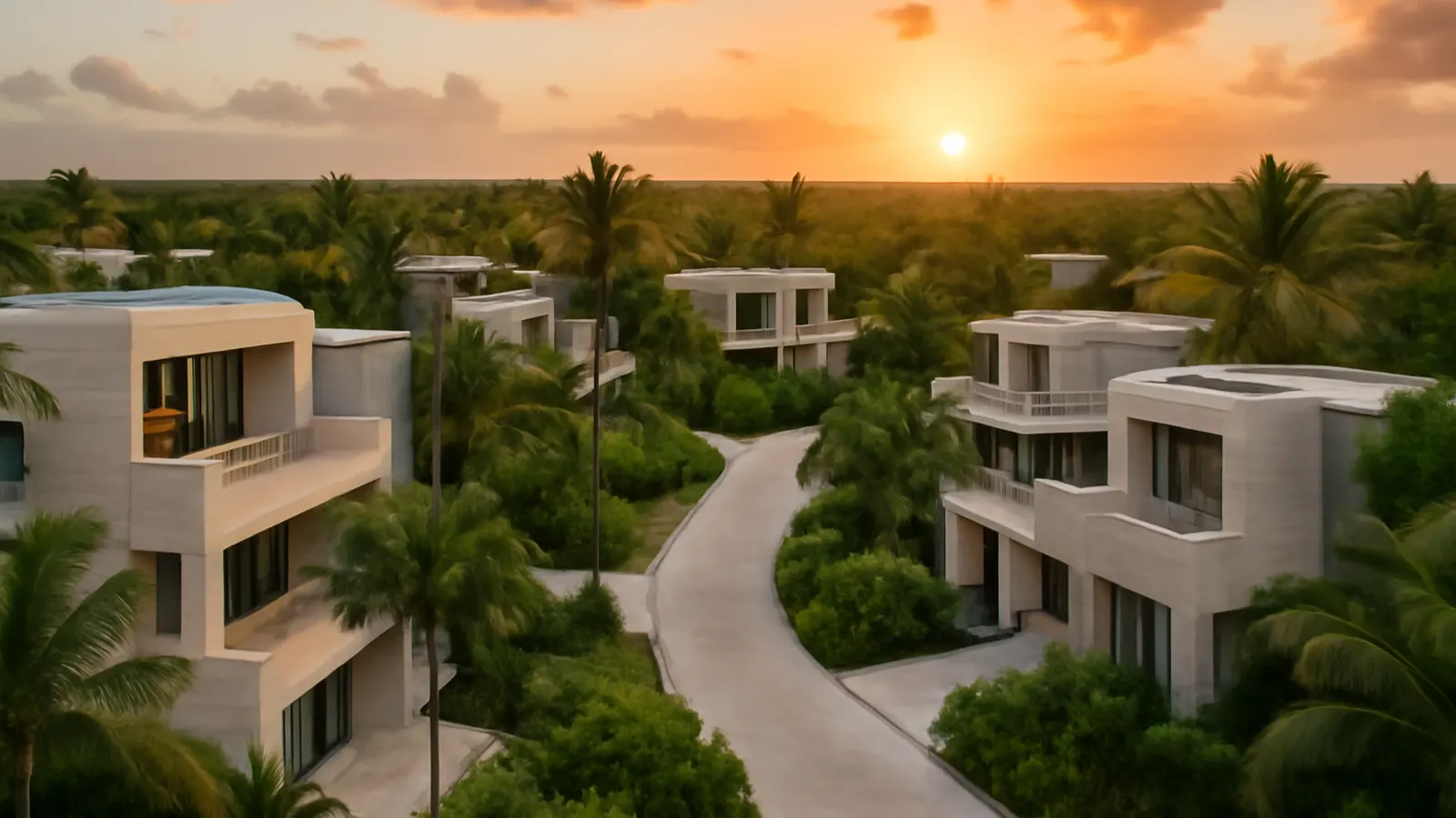 Vista aérea fotorealista al atardecer de una zona residencial de lujo en Punta Cana con arquitectura en travertino crema y hormigón visto, vegetación autóctona y luz natural cálida
