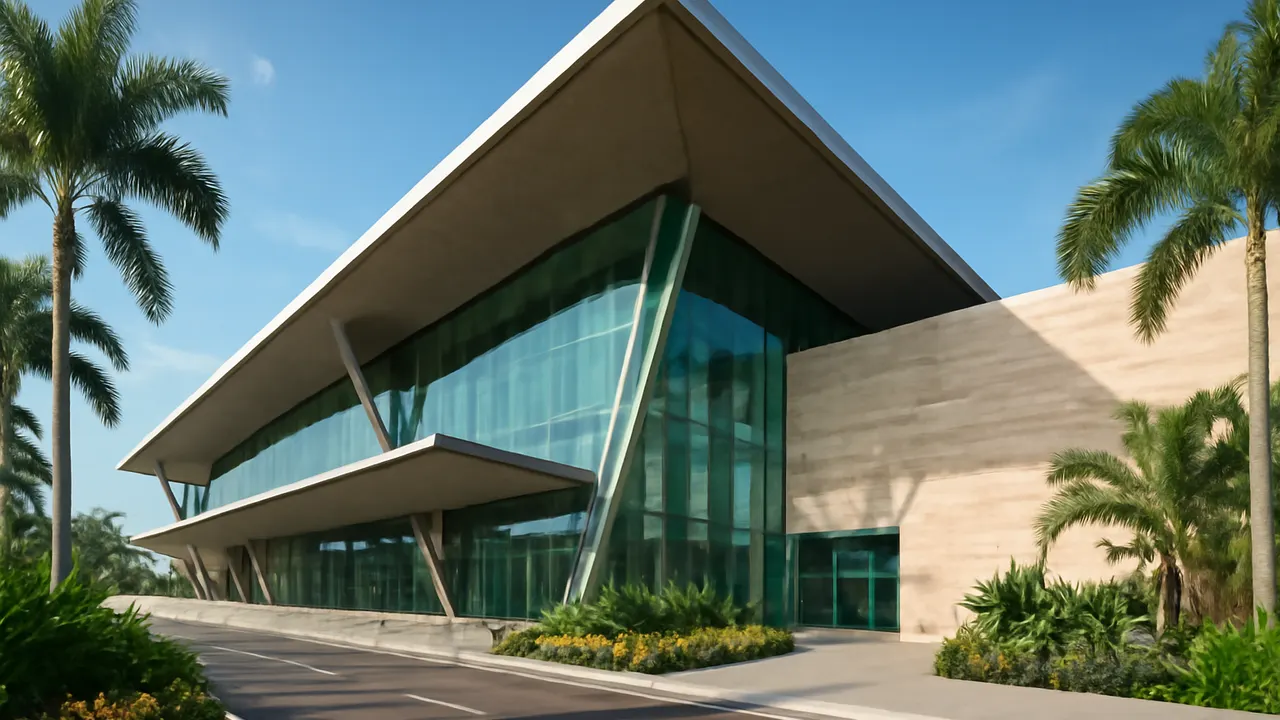 Terminal aeroportuaria moderna en Punta Cana con diseño arquitectónico contemporáneo y vegetación tropical, representando la evolución de la conectividad aérea