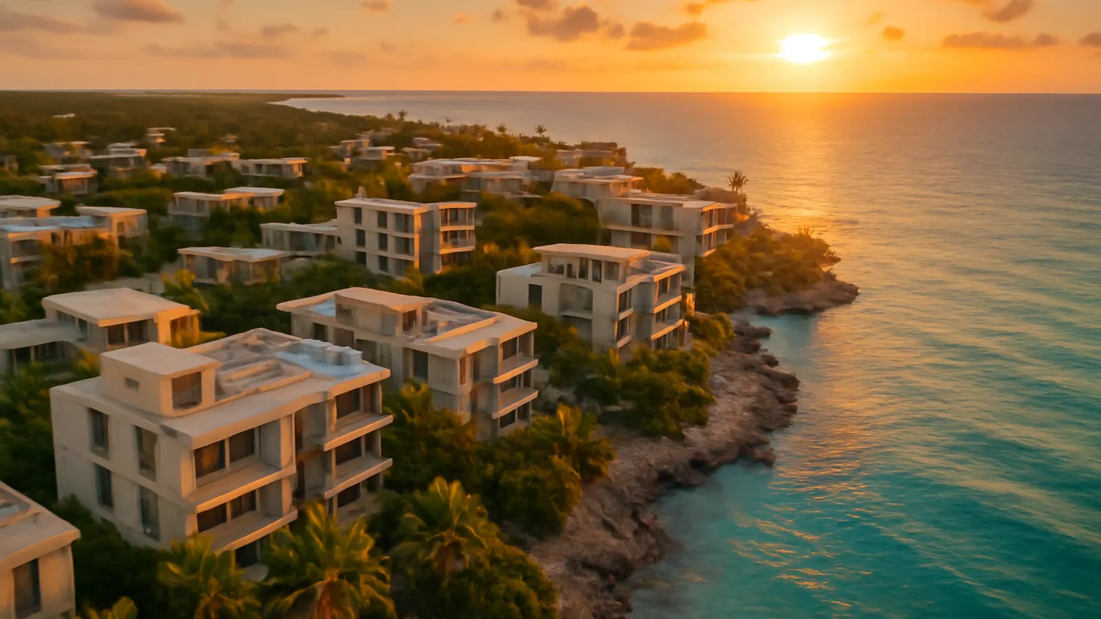 Vista aérea al atardecer de una zona residencial de lujo en Punta Cana con arquitectura caribeña, vegetación autóctona y luz cálida, conectividad aérea y turismo