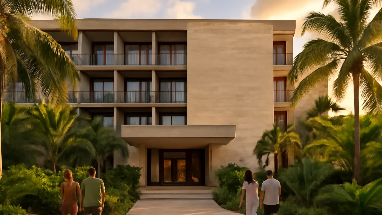 Luxury hotel facade in Punta Cana with native tropical vegetation and finishes in cream travertine and exposed concrete