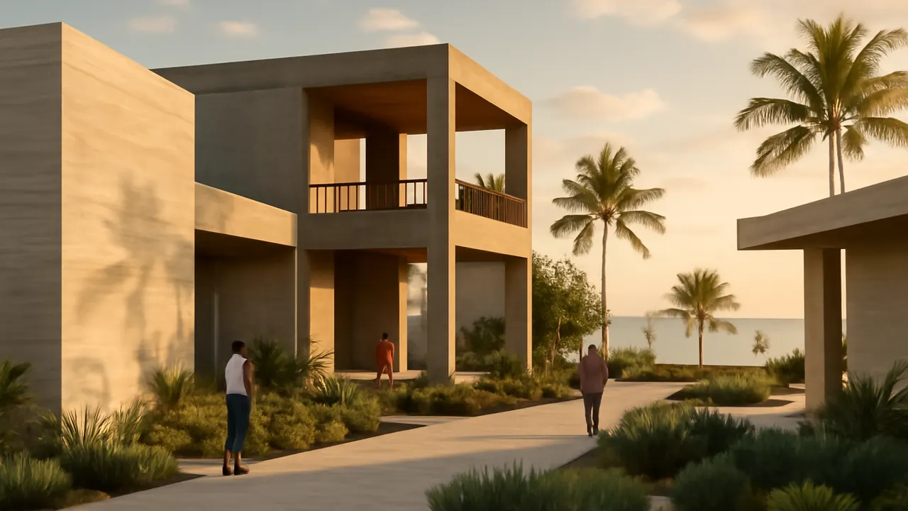 Modern tourism infrastructure in the Dominican Republic with native vegetation and materials in travertine and exposed concrete