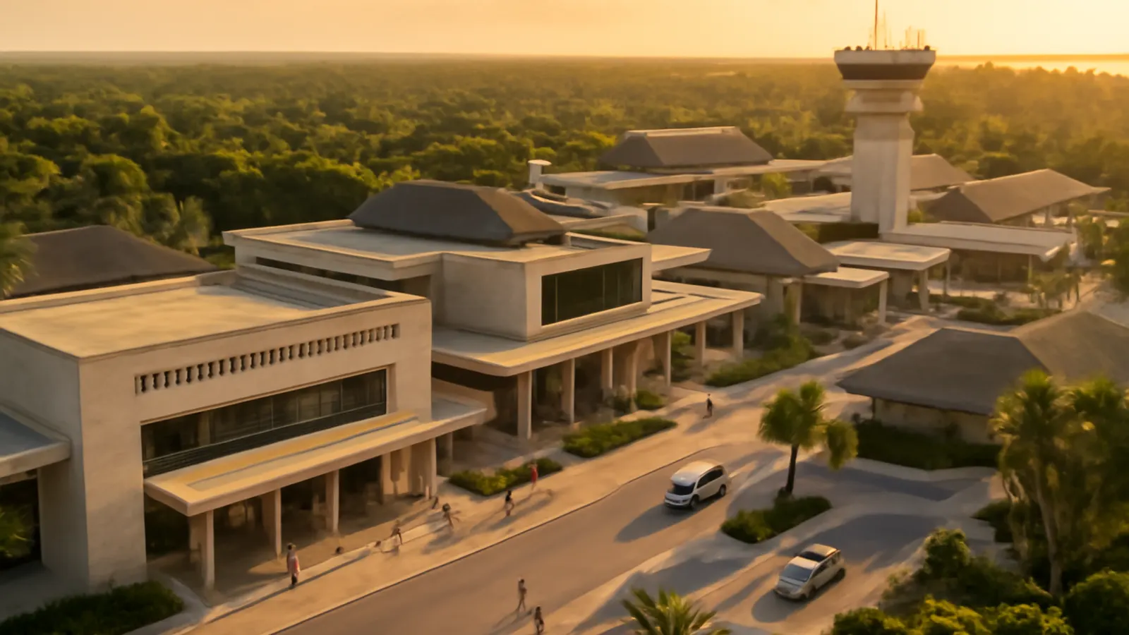 Aerial view of Punta Cana International Airport at sunset, with native vegetation and modern architecture in cream tones and exposed concrete