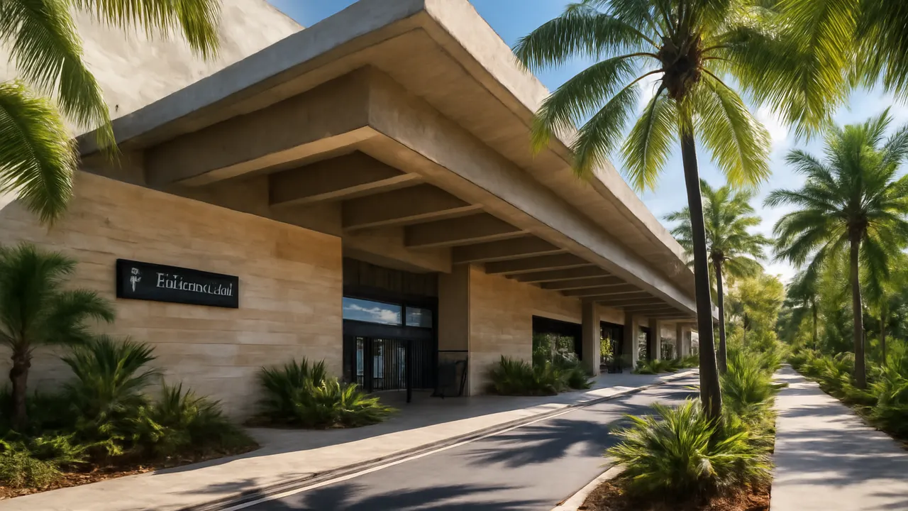 Terminal moderna del aeropuerto de Punta Cana con vegetación tropical y diseño en travertino y hormigón visto