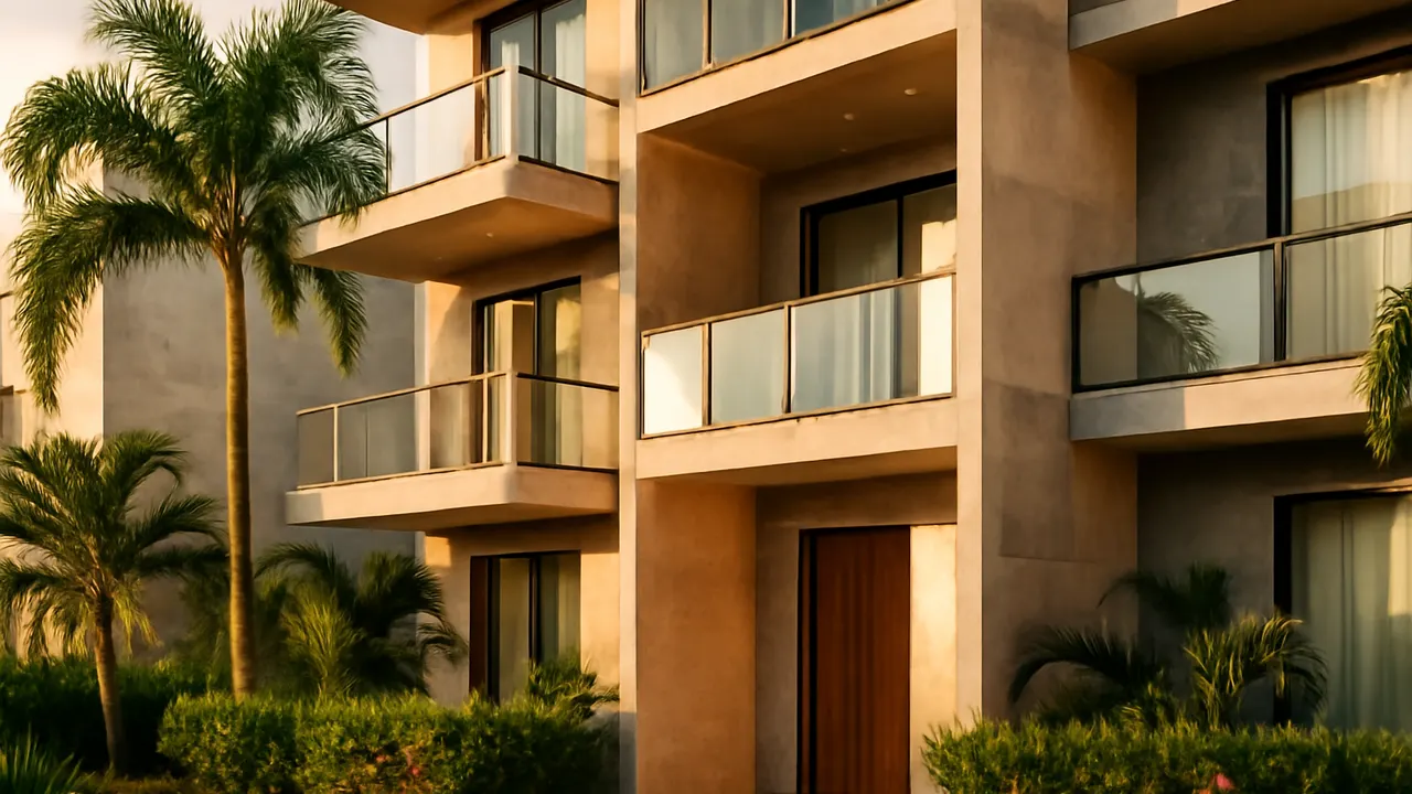 Fachada de edificio residencial de lujo en Punta Cana con detalles en travertino y hormigón visto bajo luz de atardecer