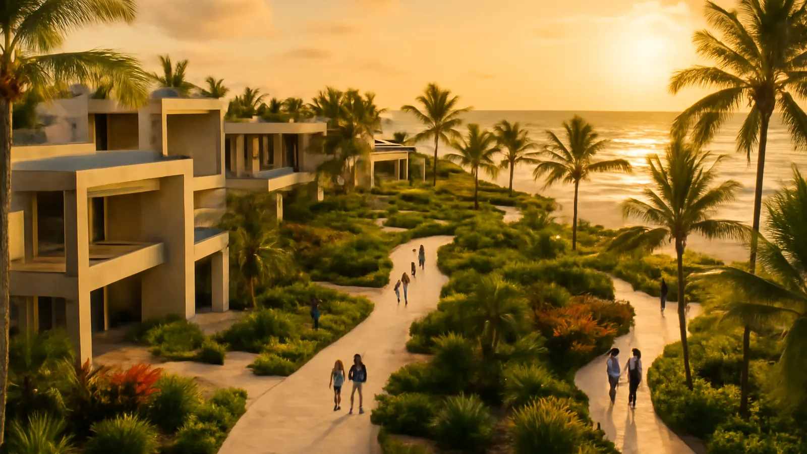 Vista aérea al atardecer de una zona residencial de lujo en Punta Cana con vegetación autóctona y arquitectura en travertino crema y hormigón visto
