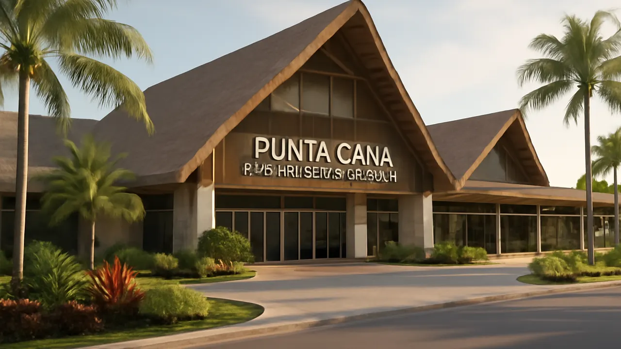 Terminal del aeropuerto internacional de Punta Cana con arquitectura moderna y paisajismo tropical, luz suave de la tarde