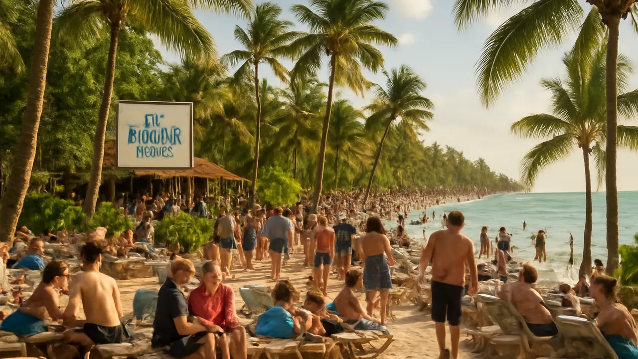 Área turística en Punta Cana con alta ocupación, turistas y vegetación natural bajo luz cálida