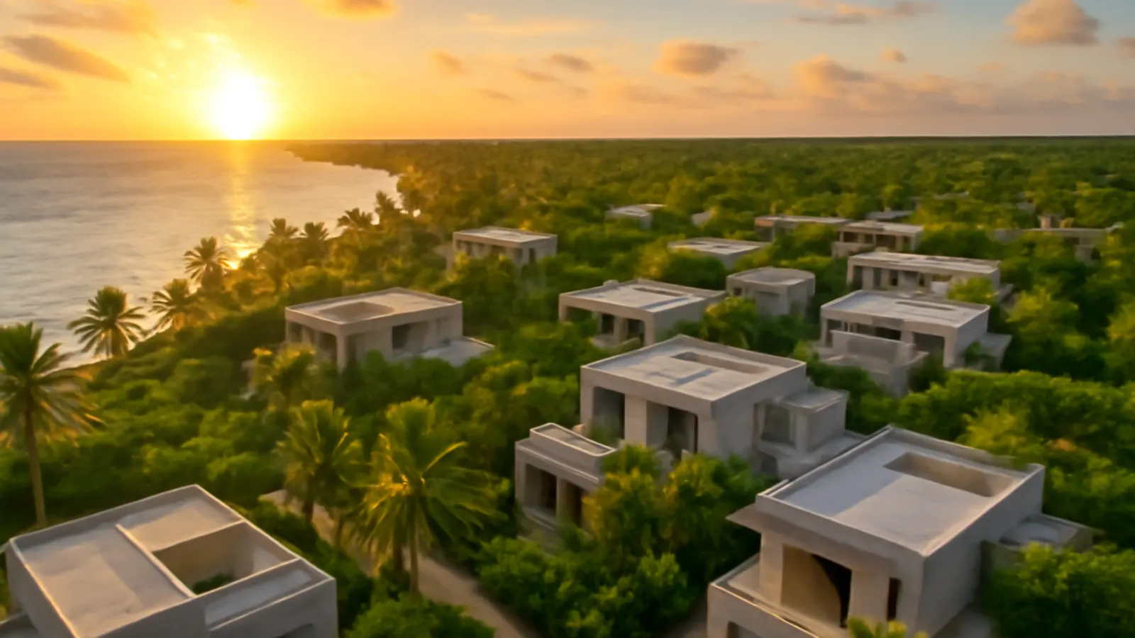 Vista aérea al atardecer de zona residencial de lujo en Punta Cana con arquitectura en travertino crema y hormigón visto, rodeada de vegetación autóctona