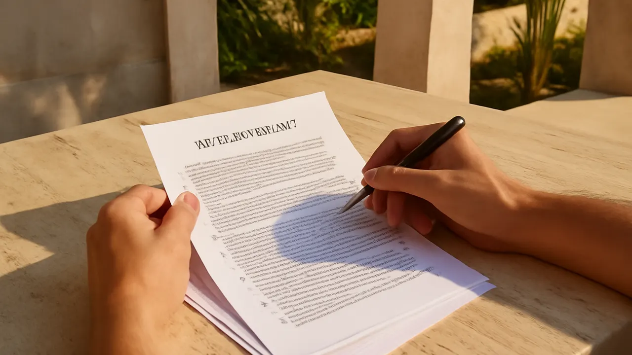 Manos revisando documentos legales en una mesa de travertino crema al aire libre en Punta Cana, con luz natural y vegetación caribeña de fondo, representando el proceso notarial en la compra inmobiliaria