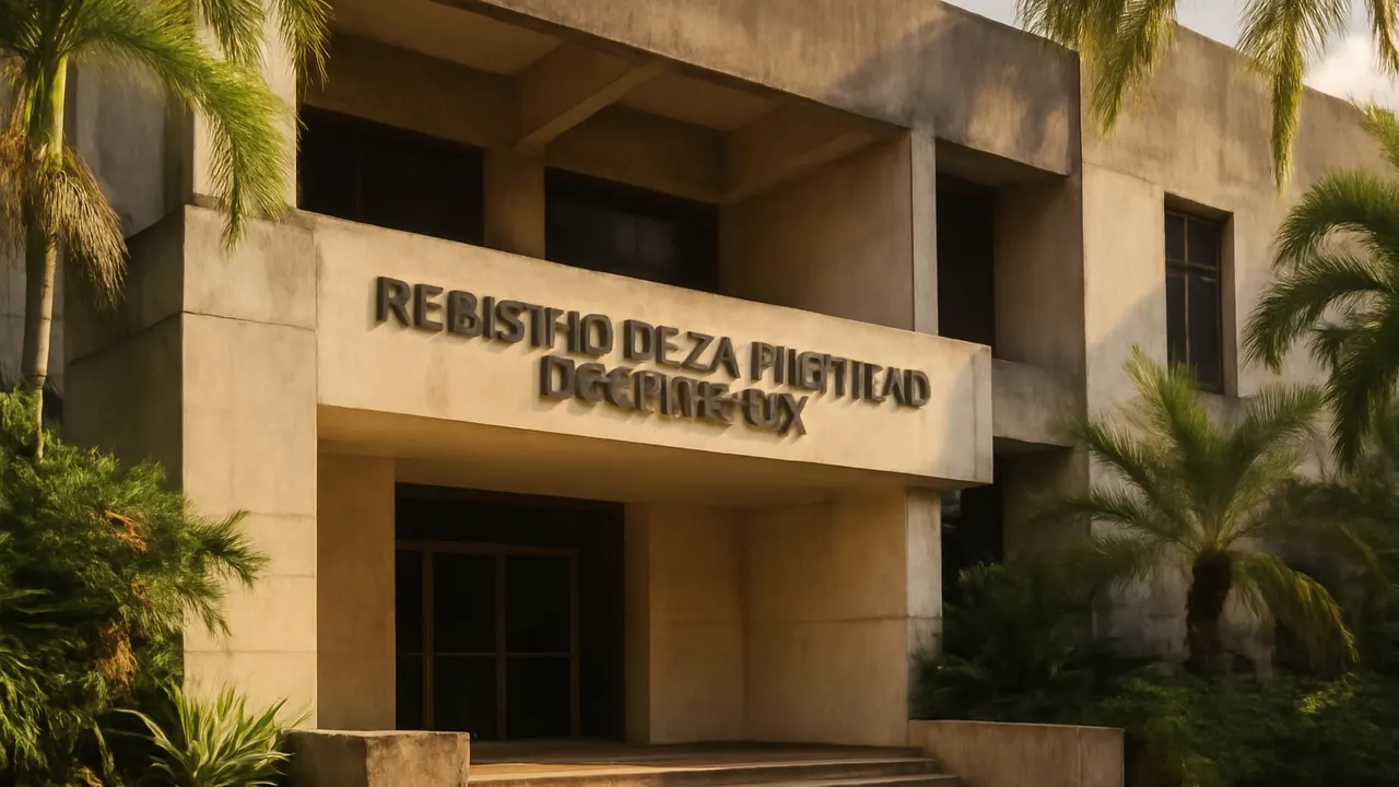 Fachada de oficina del registro de propiedad en República Dominicana con elementos arquitectónicos en hormigón visto y travertino crema, rodeada de vegetación autóctona bajo luz suave de la tarde