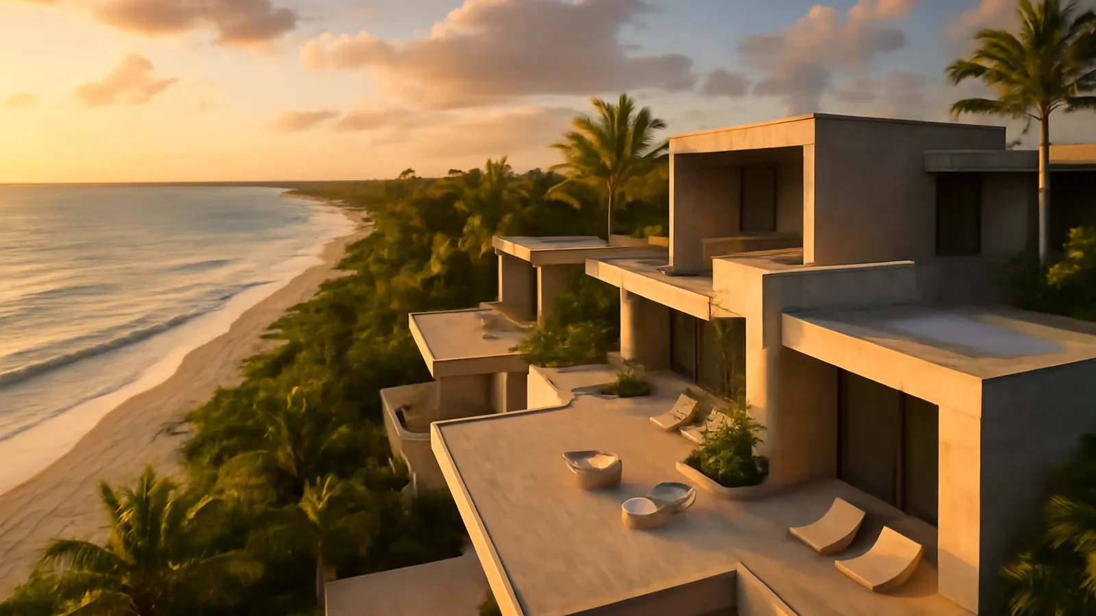 Vista aérea fotorealista de propiedades inmobiliarias de lujo en Punta Cana al atardecer, con terrazas de travertino crema, detalles en hormigón visto y vegetación autóctona, enfatizando la escala humana y el diseño sofisticado