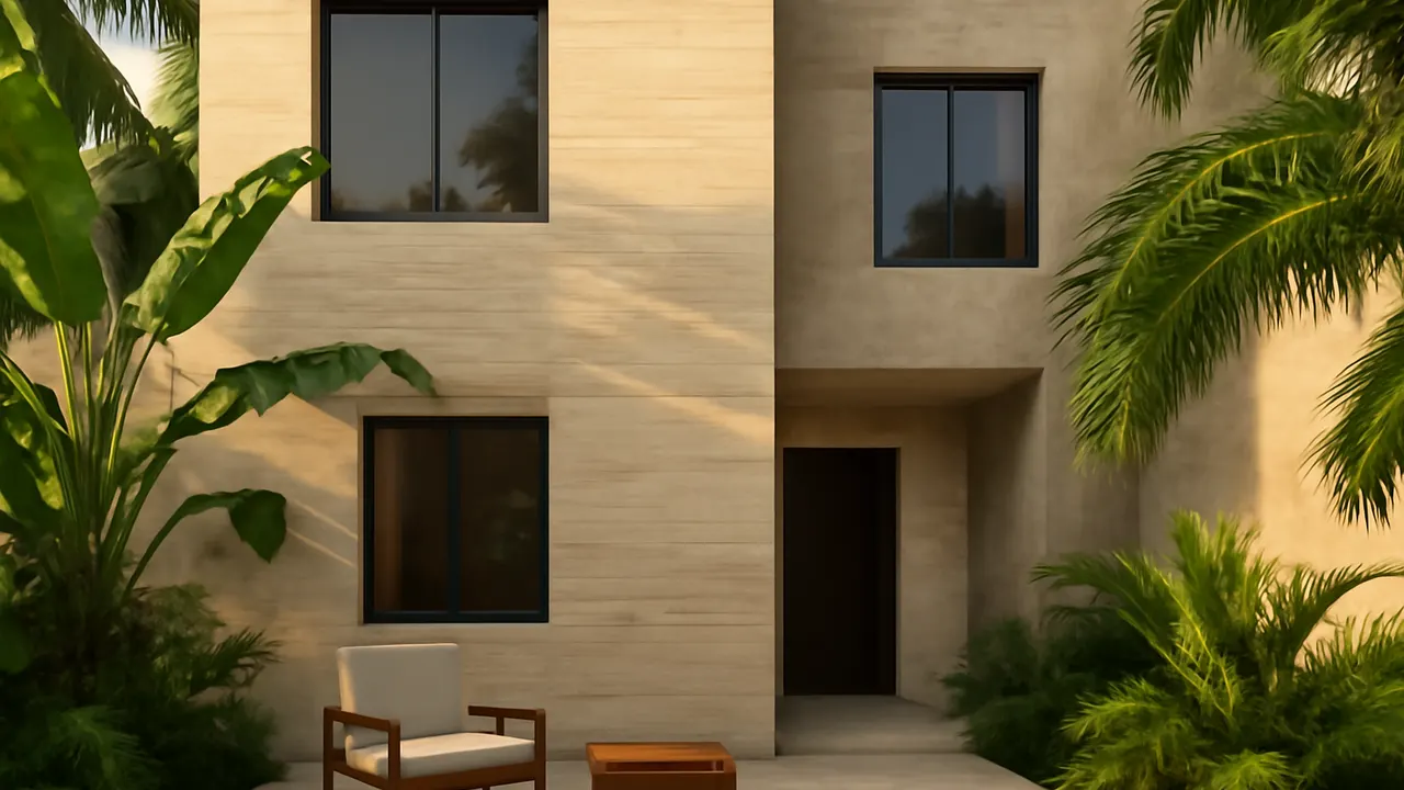 Architectural detail in cream travertine and exposed concrete with native vegetation in a Punta Cana residence, warm natural afternoon light