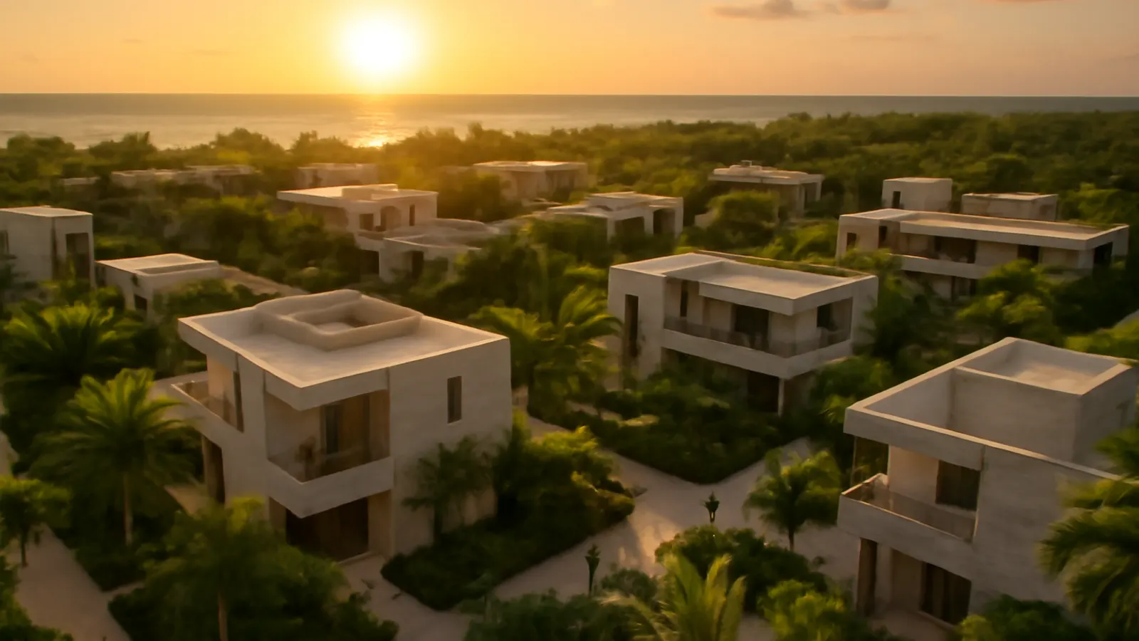 Vista aérea al atardecer de una comunidad caribeña de lujo en Punta Cana con arquitectura en travertino crema y hormigón visto, vegetación autóctona y presencia humana sutil