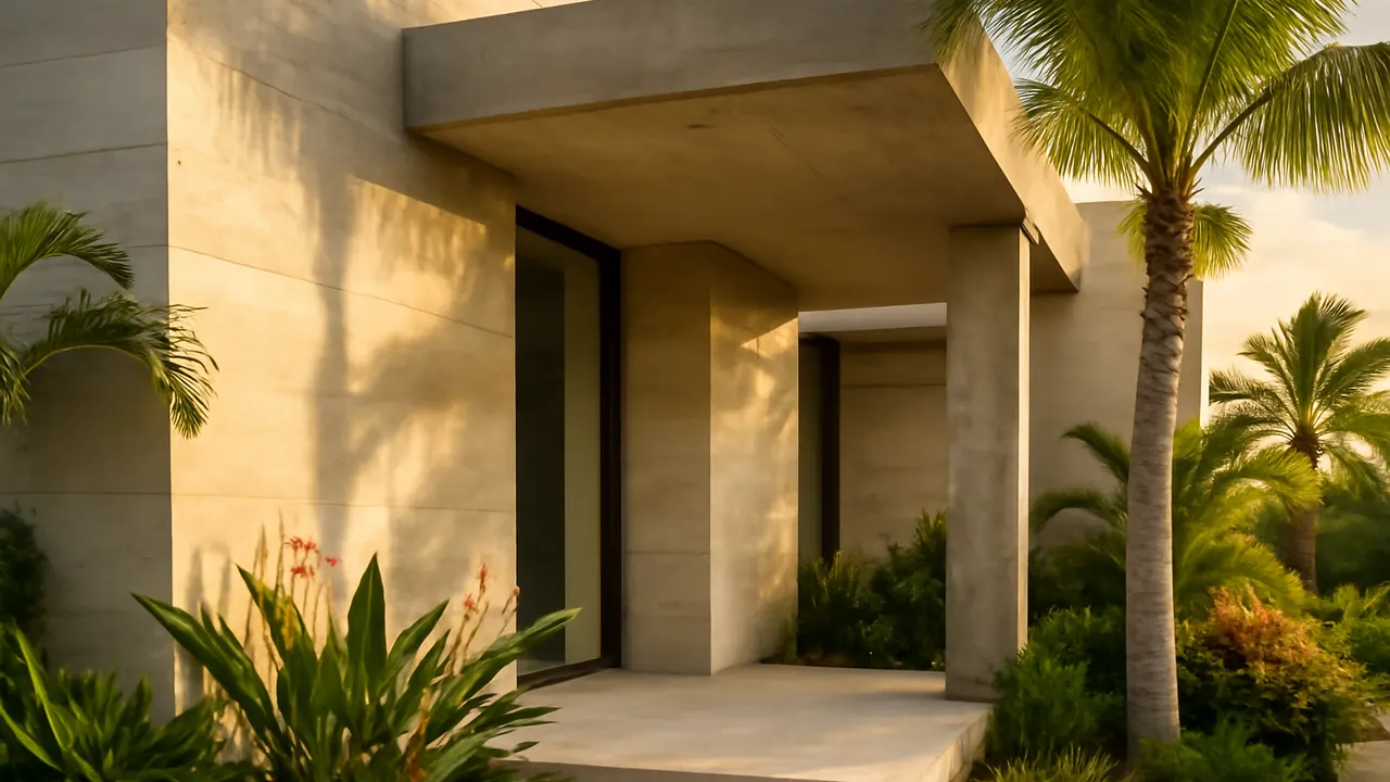 Detalle arquitectónico fotorealista de una residencia de lujo en Punta Cana con superficies en travertino crema, hormigón visto y vegetación tropical autóctona bajo luz de atardecer