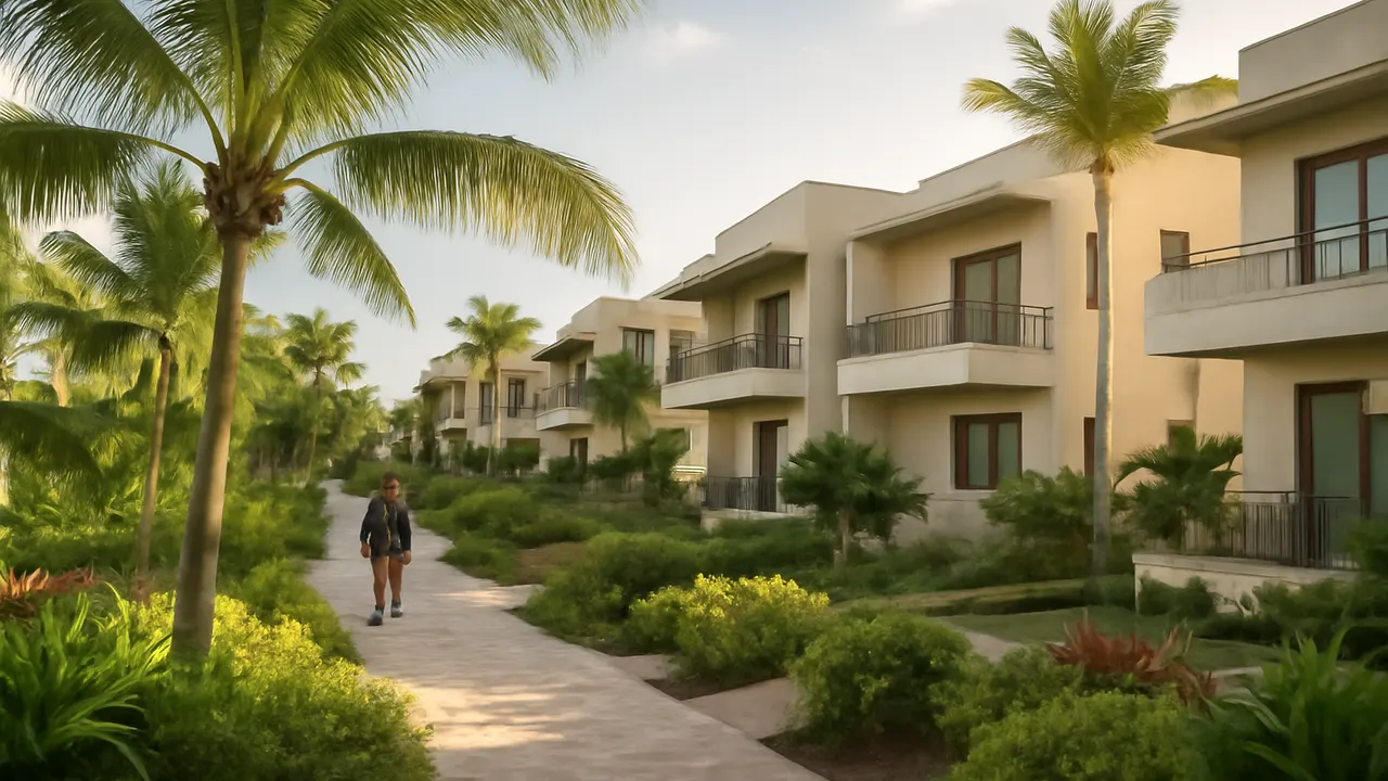 Vista a nivel de calle de una comunidad en Punta Cana con senderos peatonales, vegetación nativa y residencias de lujo de baja altura en tonos crema y hormigón