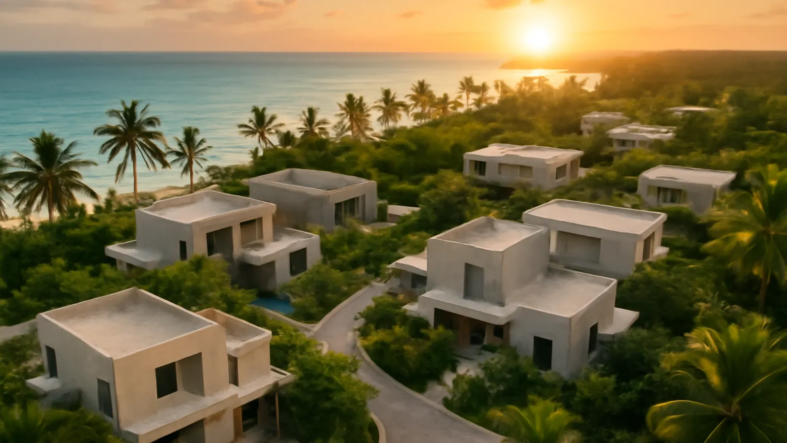 Vista aérea fotorealista al atardecer de una zona residencial de lujo en Punta Cana con arquitectura en travertino crema y hormigón visto, vegetación autóctona y luz natural cálida