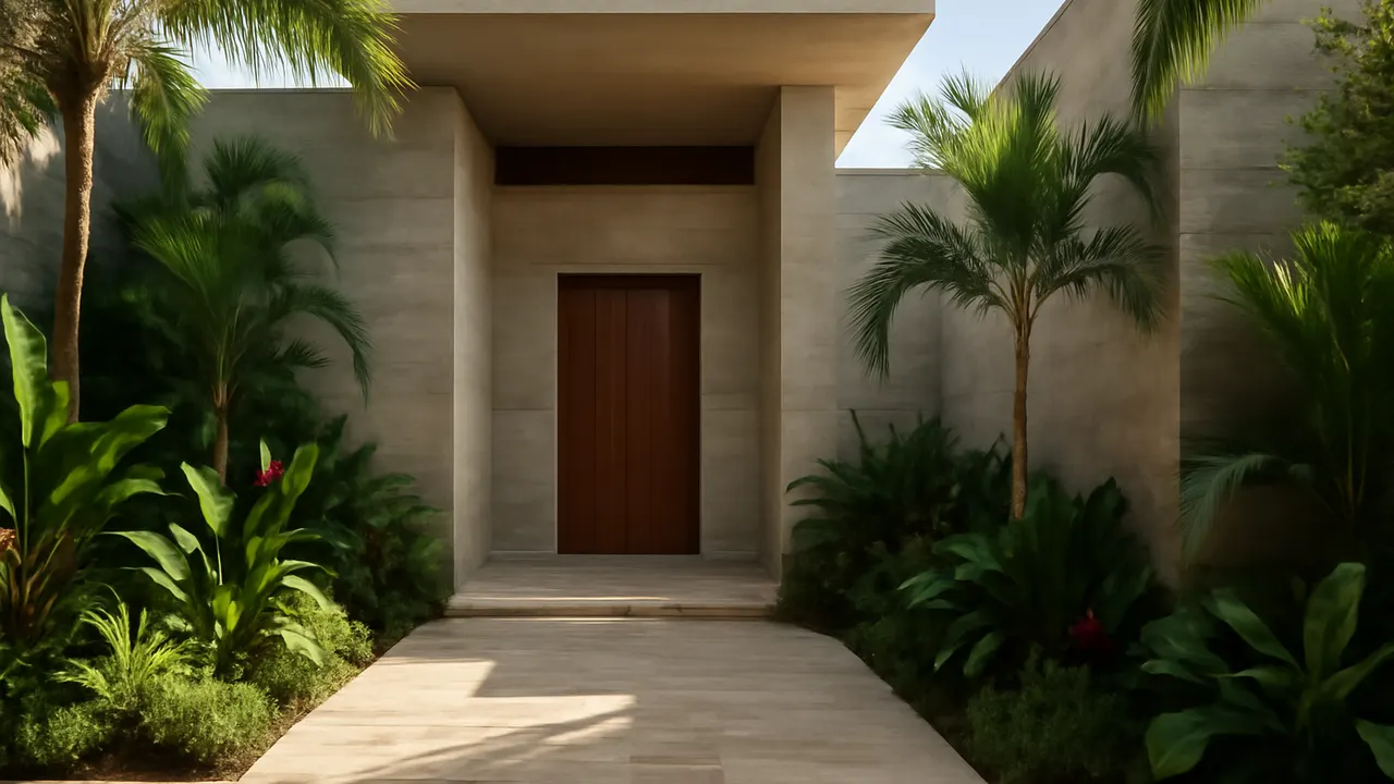 Entrance of a luxury villa in Punta Cana with cream travertine and exposed concrete, surrounded by native tropical vegetation, illustrating the current vacation rental landscape in Punta Cana