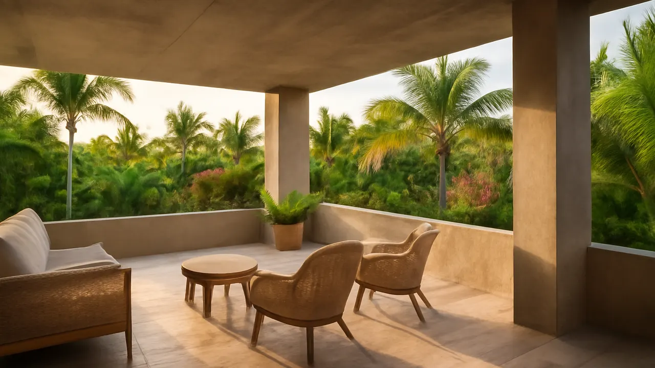 Elegant outdoor terrace with travertine and exposed concrete, surrounded by native tropical gardens in Punta Cana, representing strategies to maximize occupancy in vacation rentals