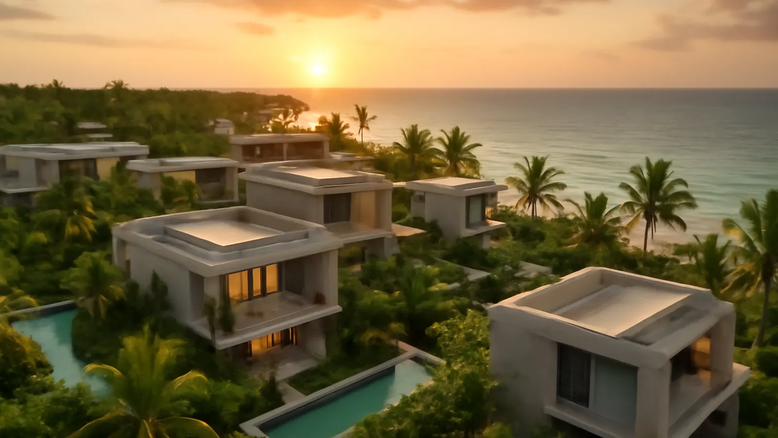 Aerial sunset view of a luxury Caribbean resort in Punta Cana with cream travertine and exposed concrete architecture, surrounded by native vegetation, representing vacation rentals in Punta Cana