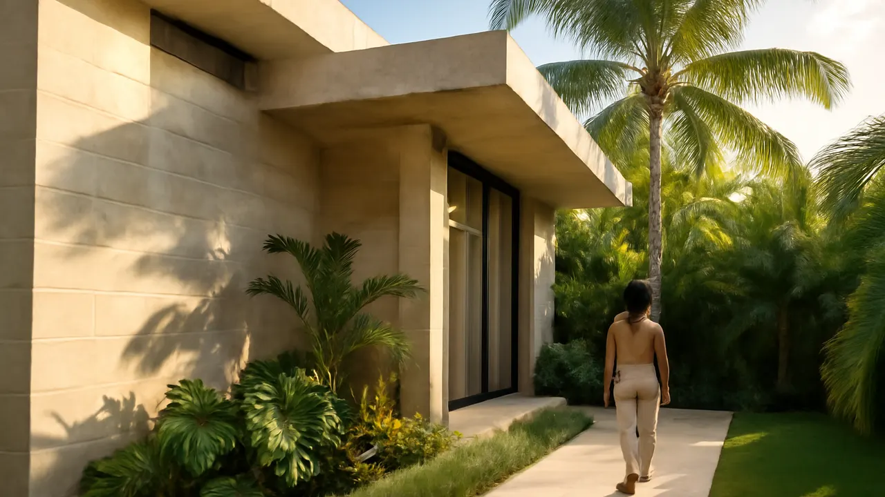 Detalle arquitectónico de vivienda de lujo en Punta Cana con travertino crema, hormigón visto y vegetación autóctona