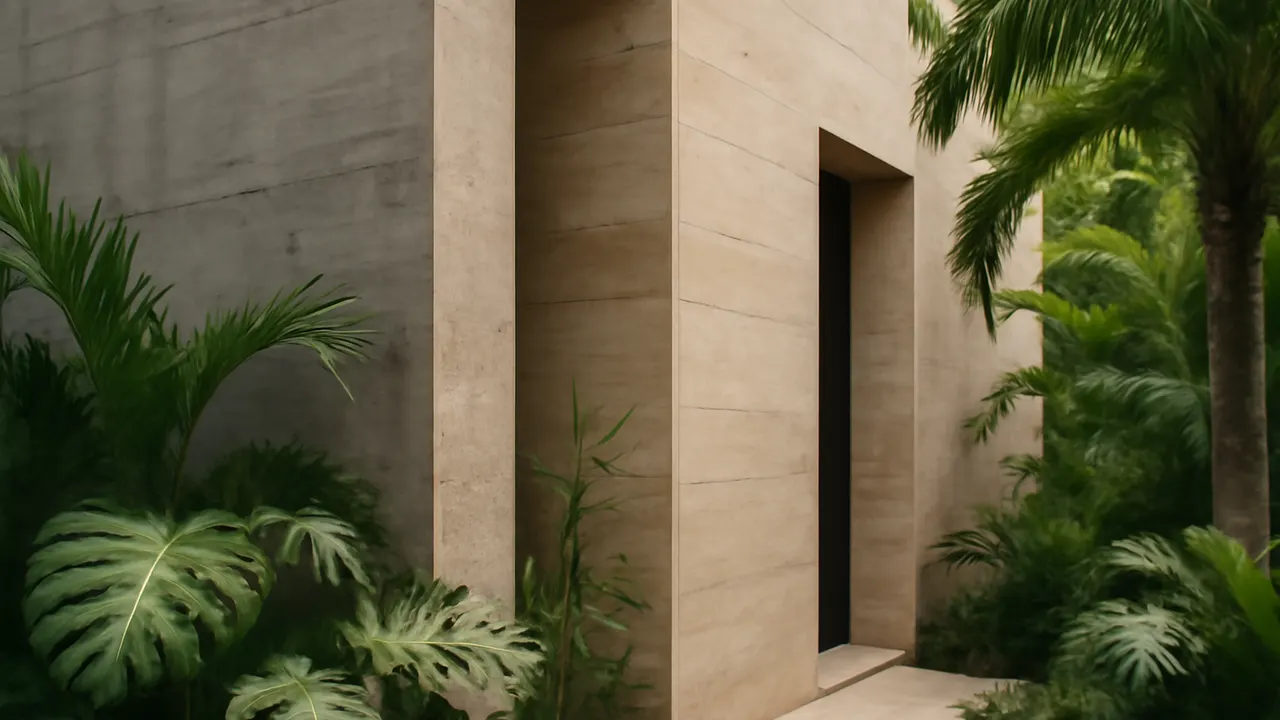 Primer plano de fachada moderna en hormigón y travertino con vegetación tropical en Punta Cana, luz natural suave