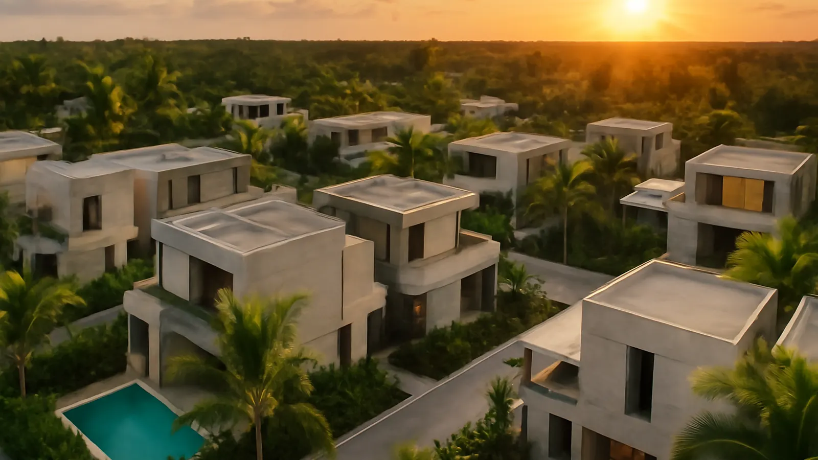 Vista aérea al atardecer de una zona residencial de lujo en Punta Cana con fachadas de travertino crema, hormigón visto y vegetación autóctona