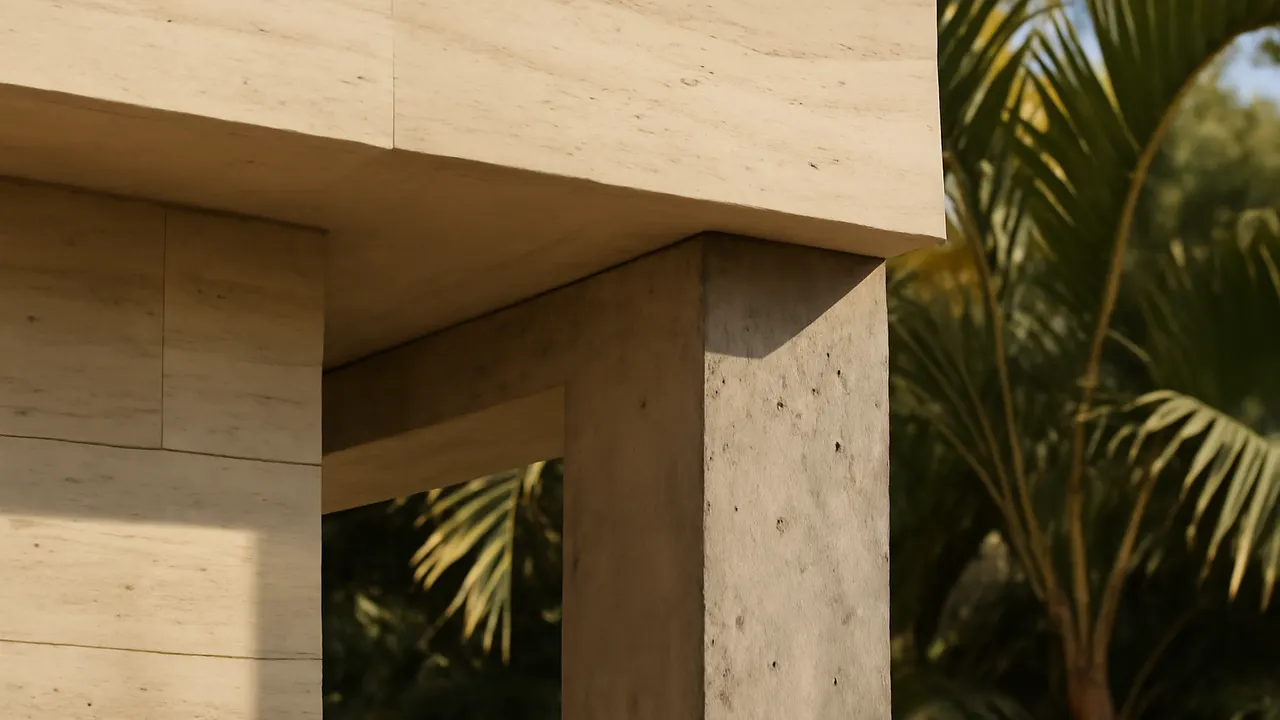 Detalle arquitectónico en travertino crema y hormigón visto con vegetación tropical, representando calidad y estabilidad para inversores en Punta Cana