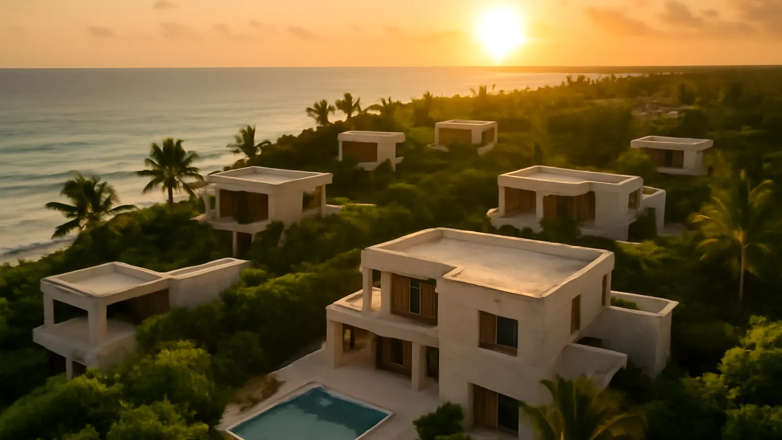 Vista aérea de propiedades inmobiliarias de lujo en Punta Cana al atardecer, con arquitectura en travertino crema y hormigón visto rodeada de vegetación autóctona