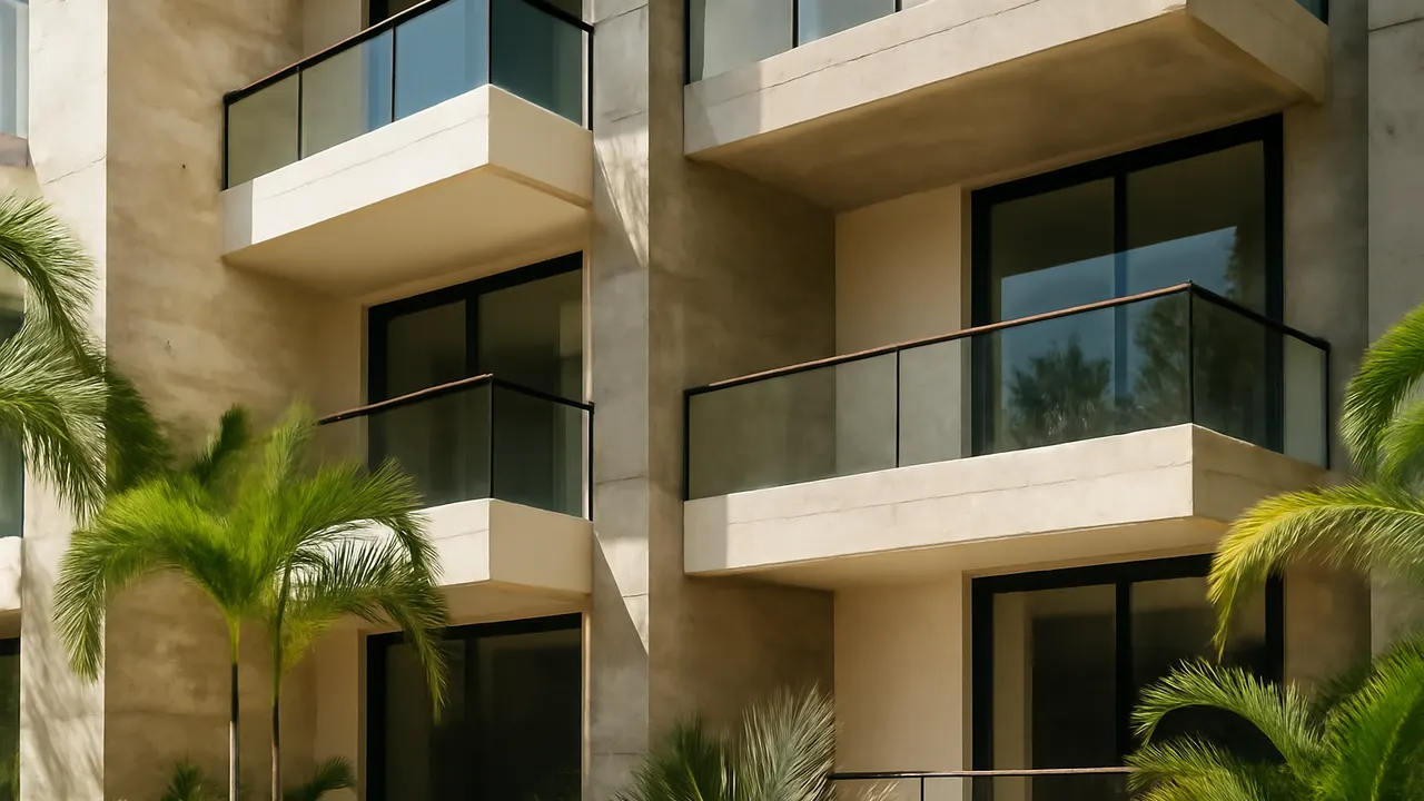 Detalle arquitectónico de fachada residencial de lujo en Punta Cana con travertino crema y hormigón visto, rodeado de vegetación autóctona