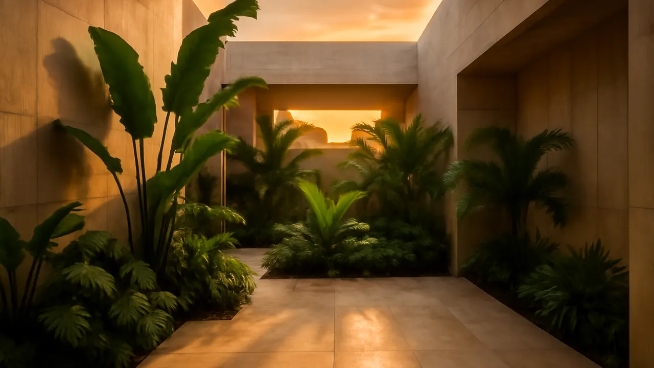 Patio interior iluminado por luz natural con paredes de hormigón visto y suelo de travertino crema, rodeado de vegetación autóctona en Punta Cana