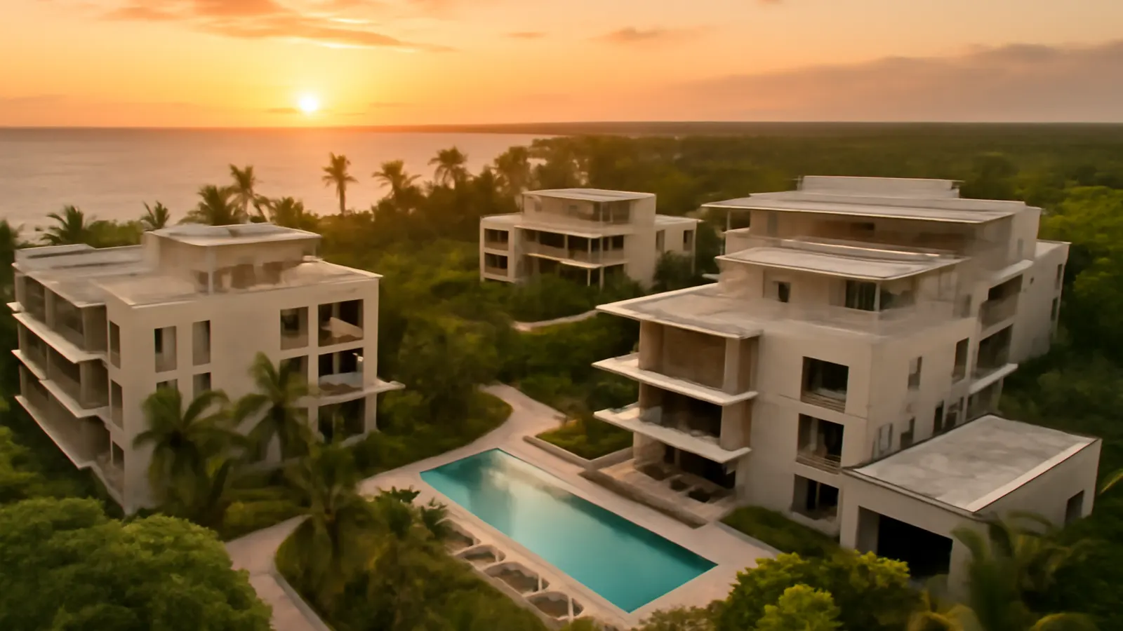 Vista aérea al atardecer de un desarrollo inmobiliario de lujo caribeño en Punta Cana con arquitectura en travertino crema y hormigón visto, rodeado de vegetación autóctona