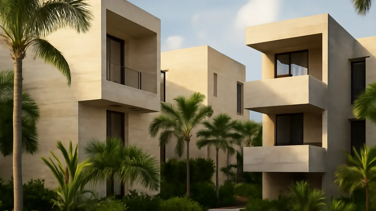 Edificios modernos con acabados en travertino crema y hormigón visto, integrados con vegetación autóctona en Punta Cana que reflejan el contexto económico y turístico