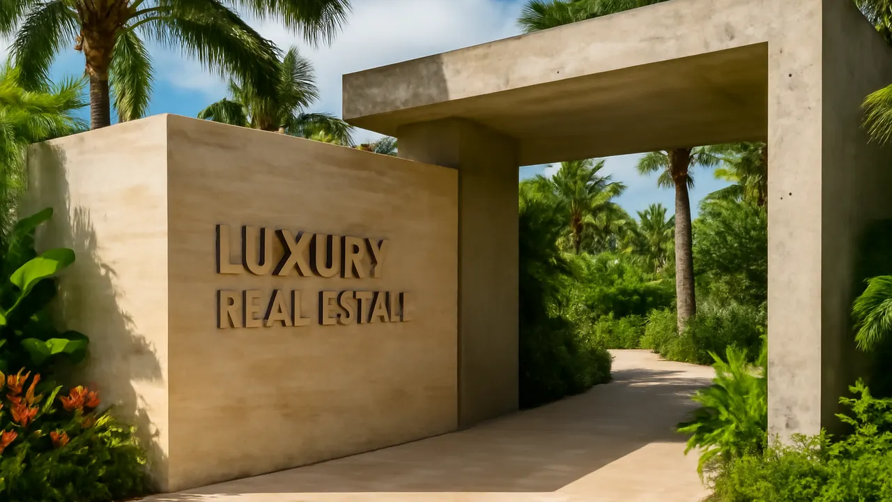 Entrada de desarrollo inmobiliario de lujo en Punta Cana con detalles en travertino crema y hormigón visto, rodeada de vegetación tropical, representando el marco fiscal para inversores